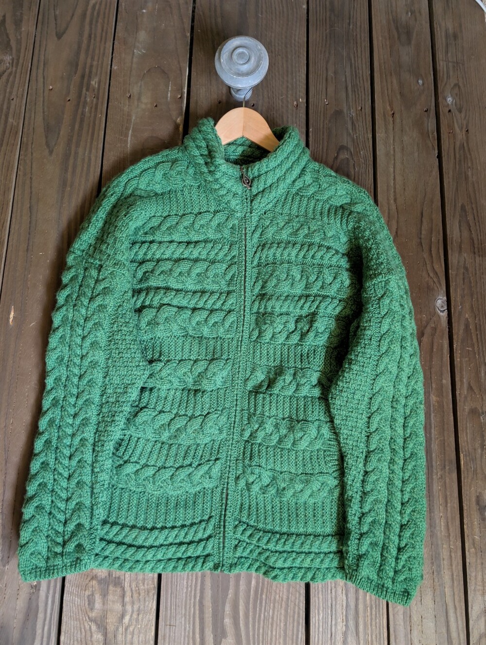 Hand Knit Green Cable Knit Cardigan L - Picture 2 of 7
